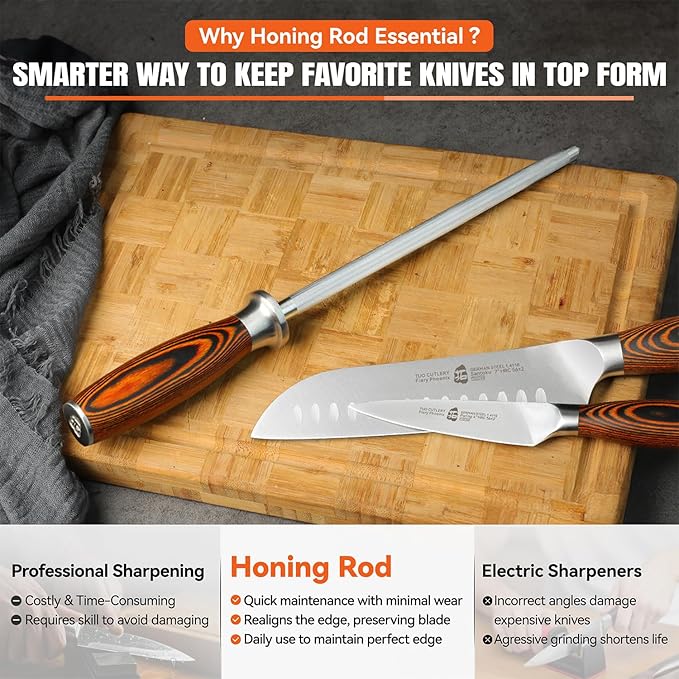 TUO Honing Rod, Sharpening Steel with Larger Diameter for Kitchen Knife Daily Sharpening Maintenance, High Carbon Steel Knife Sharpener Rod, Ergonomic Handle, 8 inch