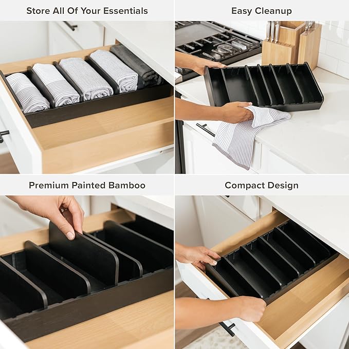 KitchenEdge Bamboo Kitchen Towel and Food-Storage Organizer, Perfect for Kitchen Drawers, Cabinets, Pantry, 5 Adjustable Wall Inserts, Non-Slip Feet, Food-Safe Black Finish