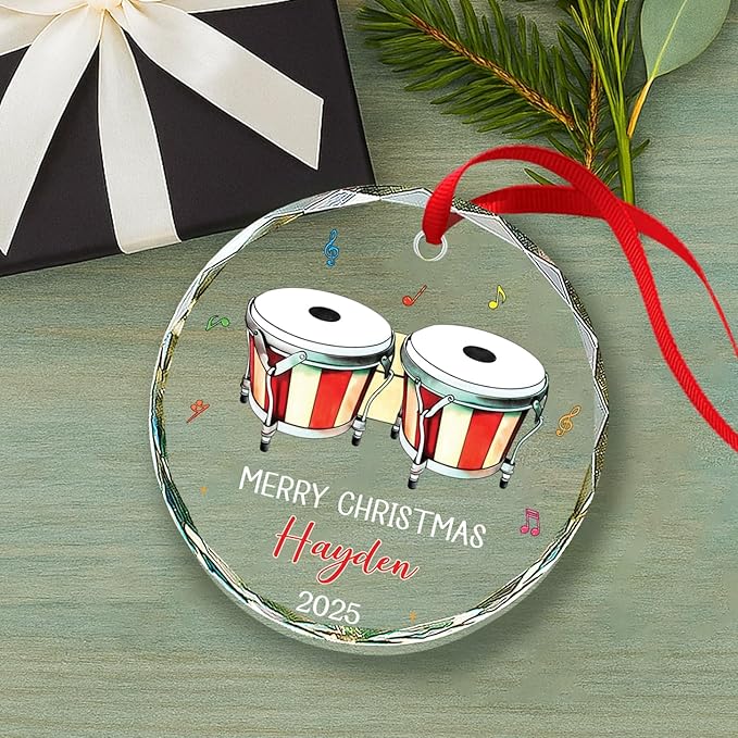 Bongo Drum Player Christmas Ornament Gifts, Personalized Text & Name Musical Instrument Glass Ornament Xmas Tree 2025, Bongo Glass Ornaments Gifts for Drummer Music Lovers, Custom Musician Ornaments