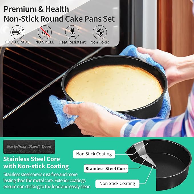 P&P CHEF Non-stick Cake Pan Set of 2, 8 Inch Round Baking Cake Pans Tins for Tier Smash Cakes, Non-Toxic & Solid, Stainless Steel Core & Leak-Proof, 2Pcs