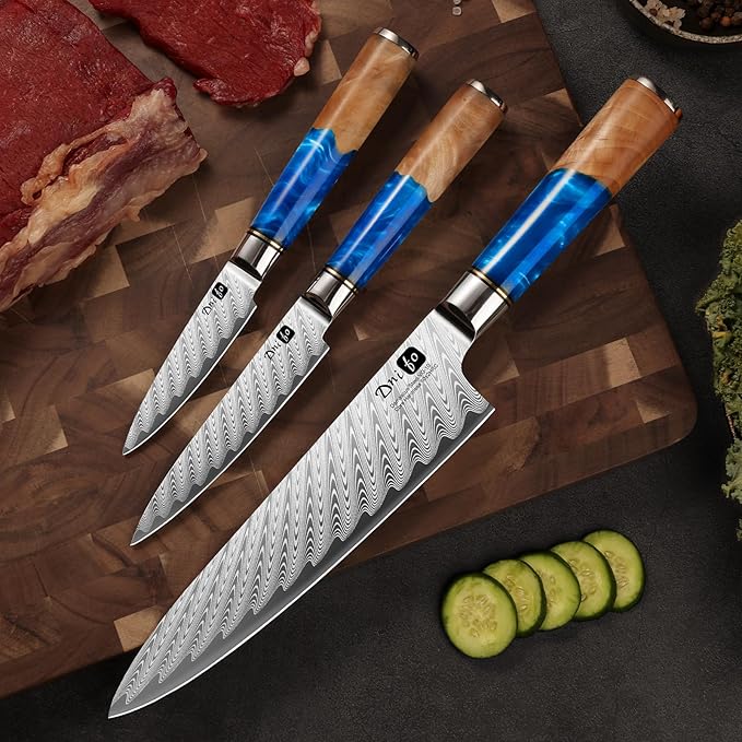 Chef Knife 8 Inch, Damascus VG-10 Steel Sharp Japanese Kitchen Knife with Gift Box and Resin Wood Handle, Ideal Birthday Gift for Men and Women