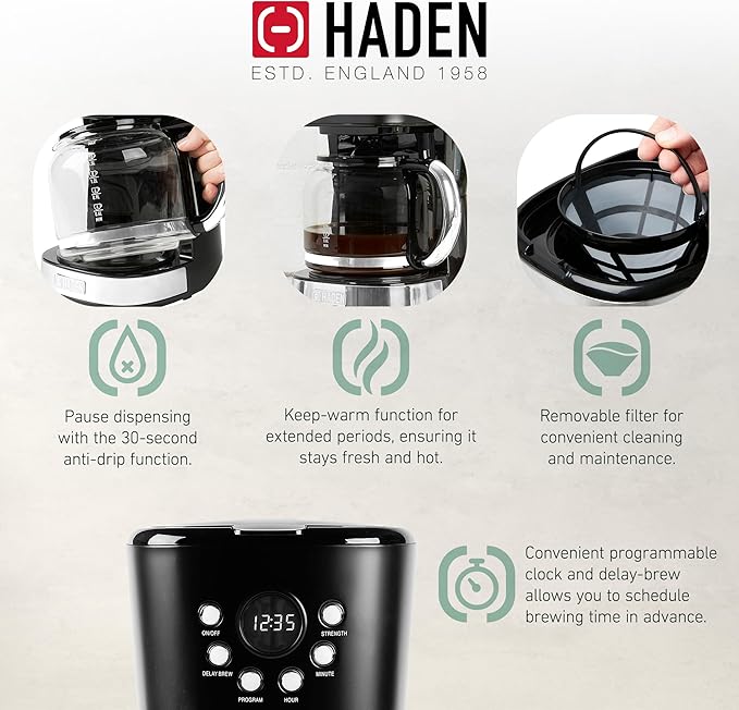 HADEN Coffee Machine, 12 Cup Drip Coffee Maker Bundled with Heritage 1.7 Liter Stainless Steel Electric Kettle, Black & Chrome
