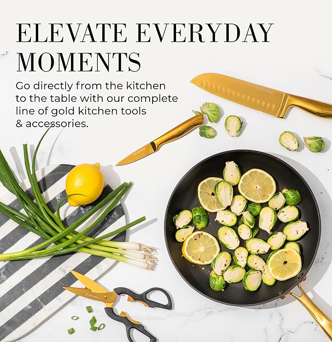 Styled Settings 14-Piece Knife Set with Block & Built-In Sharpener – Ultra-Sharp Full Tang Kitchen Knives – Premium Cooking & Prep Essentials, Gold Handle, Gold Blade & Black Block