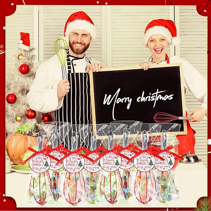 6 Sets 12 Inch Christmas Whisks Gifts DIY Fillable Christmas Tree Ornaments Xmas Colored Silicone Whisks for Cooking Heat Resistant Egg Beaters with Card Rope Bag for Candy Holder