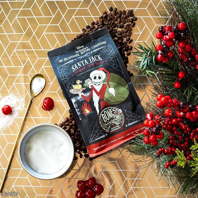 Bones Coffee Company The Nightmare Before Christmas Santa Jack Flavored Coffee Beans, Whole Bean Coffee Medium Roast Low Acid, Cranberry Creme Brulee Flavor (12 oz)