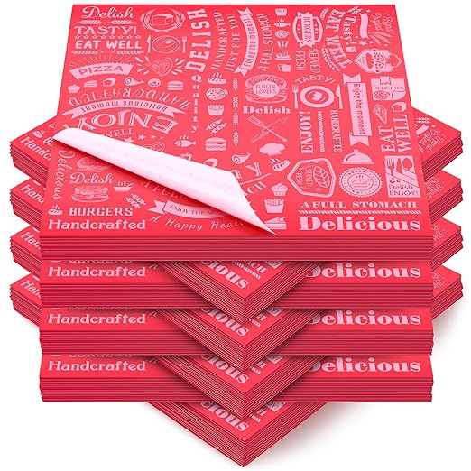Outus 600 Pcs 12 x 12 Inch Deli Wax Paper Sheets Grease Resistant Tray Basket Liners Newsprint Paper Water and Grease Proof Sandwich Wrapping Square Hot Dog Wrappers for Food Baking (Red)