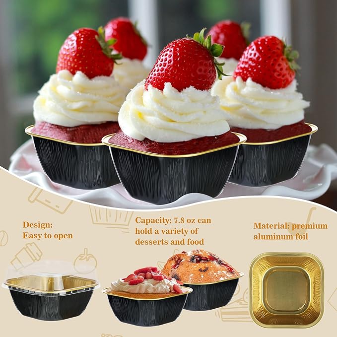 Aluminum Mini Cake Pans With Lids - 30PCS 7.8OZ Foil Baking Cups, Cupcake Liners, Individual Cheesecake Pans for Wedding - Black Gold