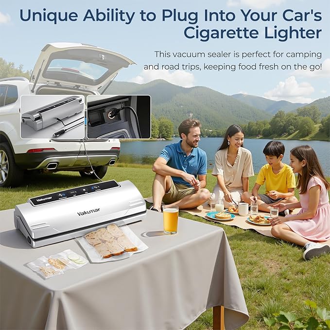 Upgraded Vacuum Sealer Machine for Food, 8 in 1 Food Sealer Vacuum Sealer with Powerful Suction, Dry & Moist Modes, Sous Vide Compatible, Included Car Charger(In-vehicle use)