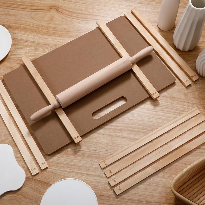 Newtay 12 Pcs Pottery Tools Include 1 Wood Rolling Pin Sculpting Polymer Clay Tools 1 Portable Wedging Board for Pottery with Built in Handle and 10 Pcs 5 Size Pottery Teaching Rolling Mud Stick Guide