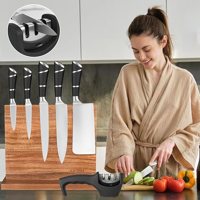 KASSEL Magnetic Knife Block with Knife Sharpener | Double-Sided Acacia Wood Magnetic Knife Holder | Kitchen Knife Display Stand for Countertops | Strong Magnet Knife Holder
