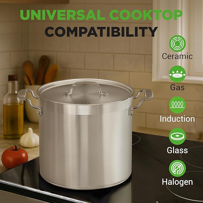 NutriChef Stainless Steel Cookware Stock Pot - 24 Quart, Heavy Duty Induction Soup Pot With Lid, Induction, Ceramic, Glass and Halogen Cooktops Compatible - NCSPT24Q