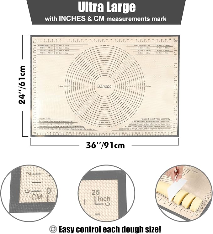 Extra Large Silicone Pastry Mat 36x24 Inch - Nonstick Baking Mats with Measurements, Great for Dough Rolling, Pastry, Pie Crust, Fondant, Cookies, Bread, Pasta, Pizza, Counter Mat
