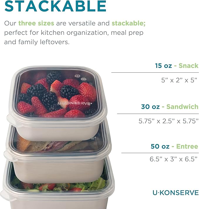 U Konserve Stainless Steel Food Storage Bento Box Container, Leak Proof Silicone Lid Dishwasher Safe - Plastic Free (30oz Clear)