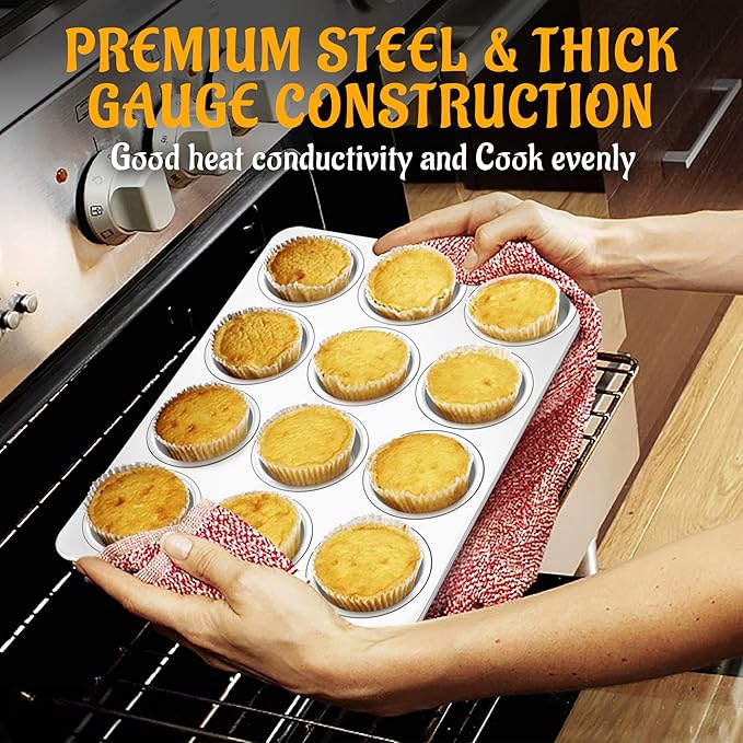 E-far 12-Cup Muffin Pan Set of 4, Stainless Steel Muffin Tins, Non-Toxic Metal Cupcake Pans Tray for Baking Small Mini Cupcake, Heavy Duty & Regular Size, Rust Free & Dishwasher Safe