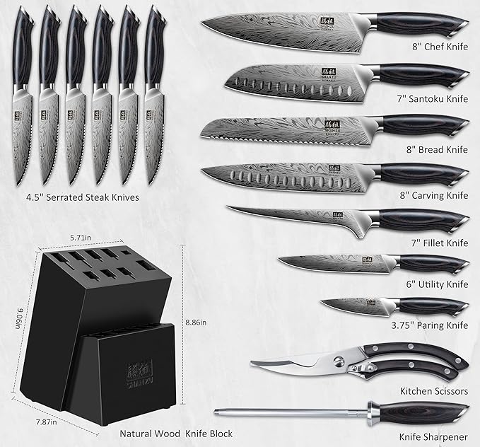 SHAN ZU 16 Pieces Knife Set, Knife Block Set in Powder Steel, Ultra Sharp Kitchen Knives Set, High Hardness Japanese Knife Set with Ergonomic Pakkawood Handle, Chef Knives Set for Kitchen Cooking