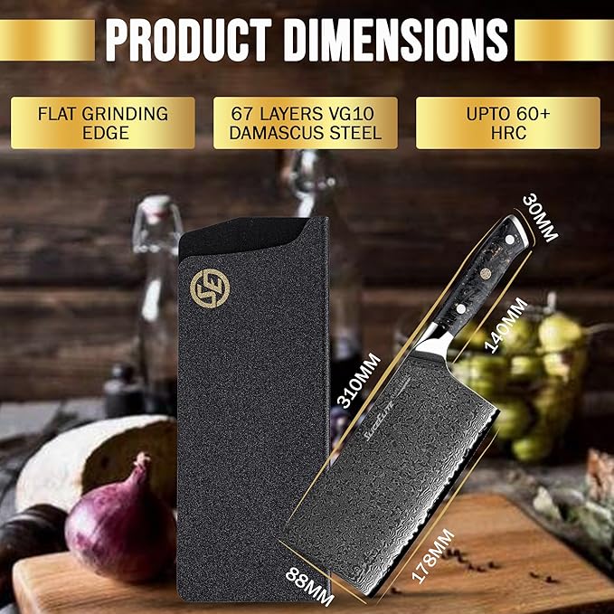 SliceElite Elite Series 7 Inch Meat Cleaver Knife Damascus VG10 Core Forged Carbon Fiber Handle Heavy Duty Chopper Sharp Kitchen Butcher Bone Cutter Vegetable Fruit Chef Tool Polymer Blade Guard Gift