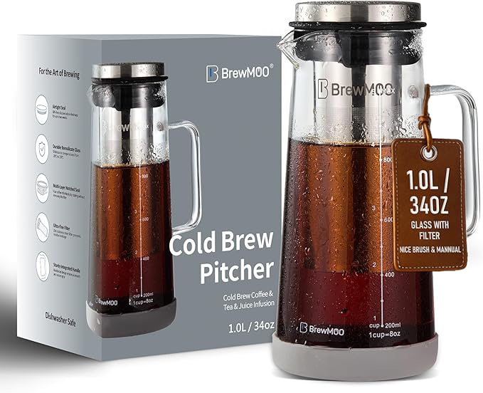 Cold Brew Coffee Maker, 1.0L/34Oz Cold Brew Pitcher | Ice Tea Maker with Airtight Glass Carafe, Filter, Non-Slip Base, Comfort Handle, Wide Spout (Grey)