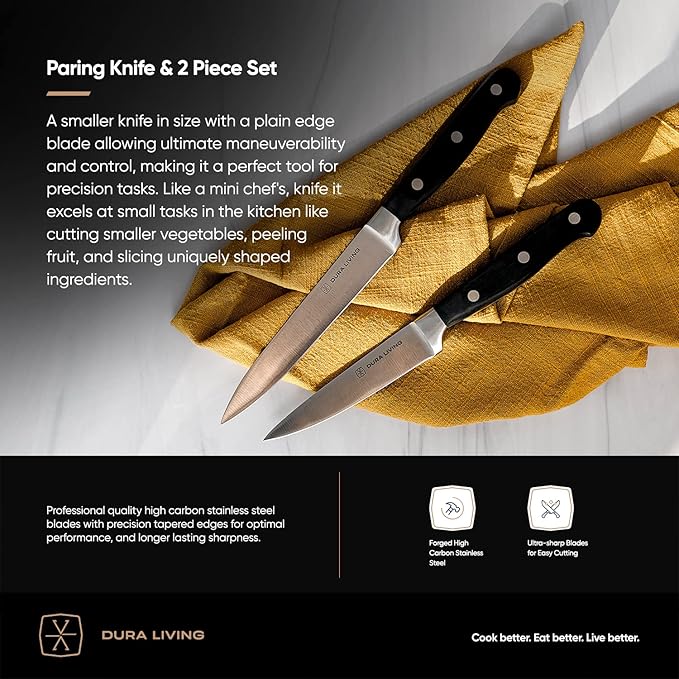 DURA LIVING Chef's Knife Set, 4 Piece Cutlery Knife Set, Superior Forged High Carbon Stainless Steel Ultra Sharp 8 Inch Chef, 7 Inch Santoku, 5 Inch Utility, 3.5 Inch Paring Knives, Black