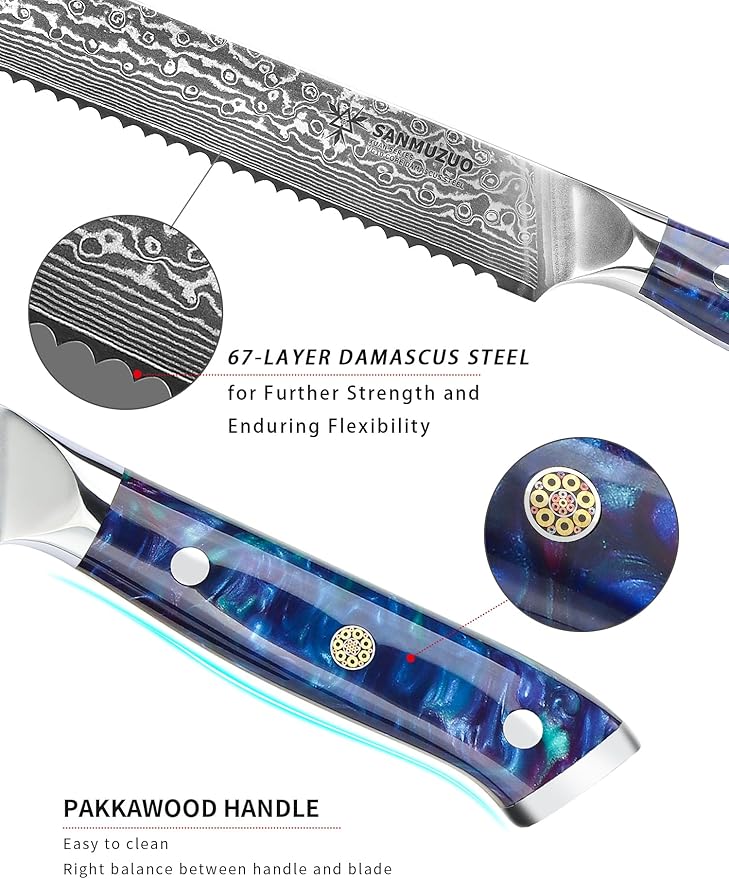 8” Bread Knife Serrated Kitchen Chef Knife- Damascus Steel & Resin Handle - Xuan Series (Sapphire Blue)