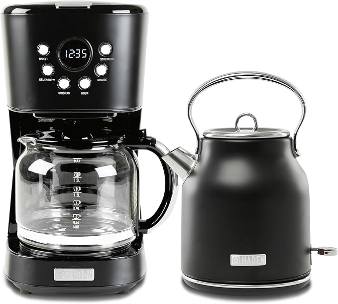 HADEN Coffee Machine, 12 Cup Drip Coffee Maker Bundled with Heritage 1.7 Liter Stainless Steel Electric Kettle, Black & Chrome