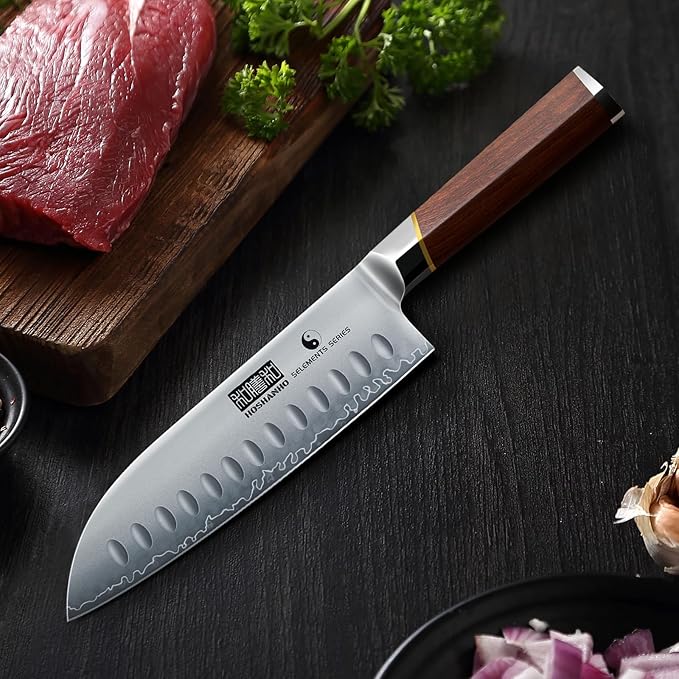 HOSHANHO 7 Inch Santoku Knife，Professional Japanese High Carbon Steel Chef Knife, Razor Sharp Kitchen Knife with Ergonomic Red Sandal Wooden Handle - Gift Box