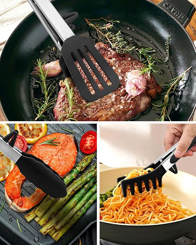 Kitchen Tongs for Cooking, 12 Inch Non Scratch Silicone Tip for Nonstick Cooking Pans, Food Grade Mini Serving Tongs, Pull Lock, Set of 3, Black