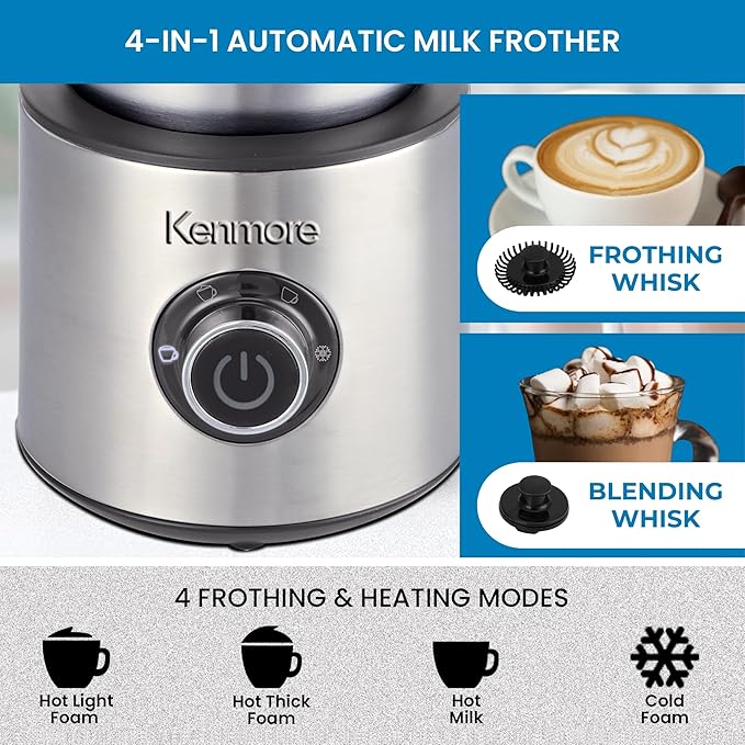 Kenmore Electric Milk Steamer and Foam Maker – Hot or Cold Milk Frother for Coffee, Lattes, Cappuccino, Portable Milk Heater and Foamer for Espresso, Home Brewing, Calentador de Leche para Café