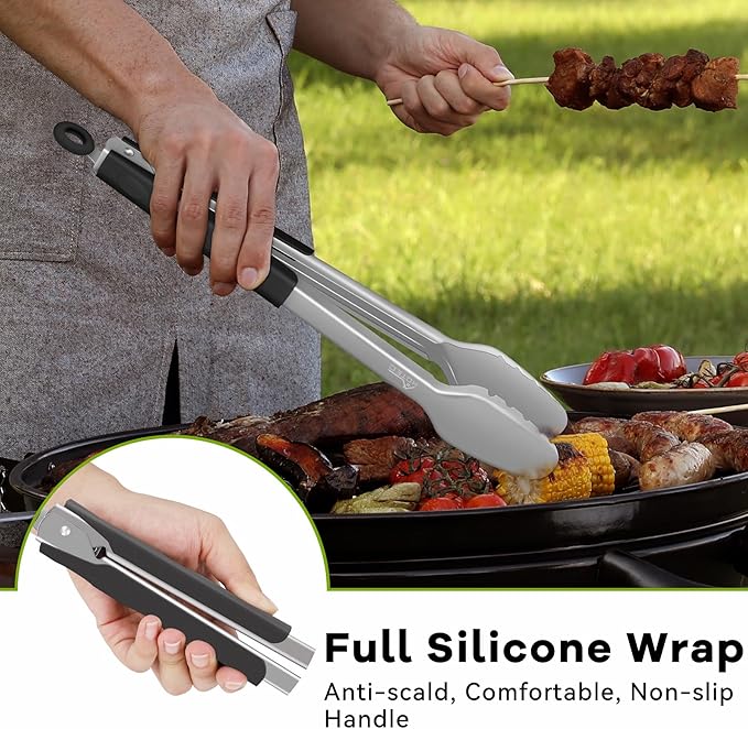 Hotec Stainless Steel Kitchen Tongs, Set of 2-9" and 12", Locking Metal Food Tongs for Cooking, Serving, BBQ, Grill Non-Slip Grip