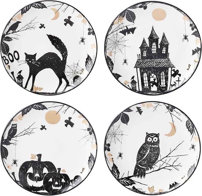 Lenox Dinnerware, Vintage Halloween Haunted Accent Plates, Assorted, Set of 4, Porcelain, Dishwasher & Microwave Safe, Halloween Decor Indoor, Spooky Decorative Plates for Home (Black/White, 4 Piece)