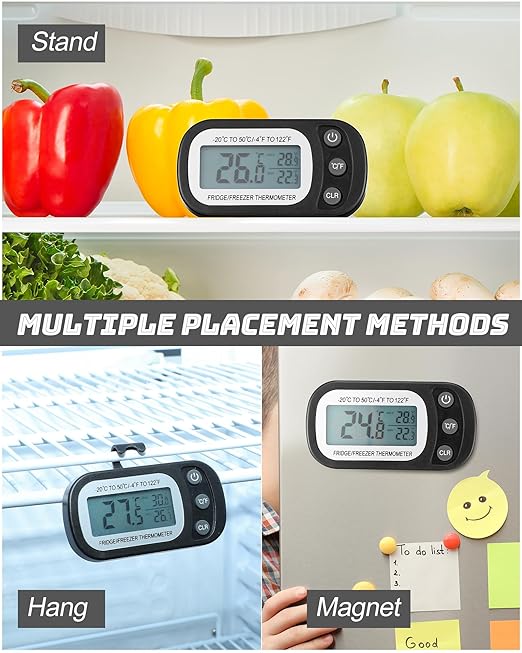 Frienda 8 Pack Black Digital Fridge Thermometer Waterproof Refrigerator and Freezer Room Max/min Record Function LCD Screen Refrigerator Thermometer with Hook and Magnetic Back for Home