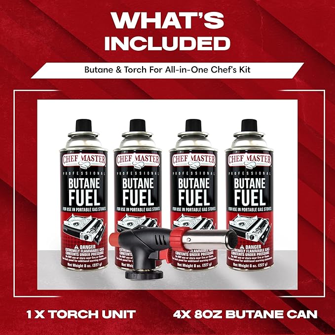 Butane Torch Lighter w/ 4 x 8oz. Butane Fuel Tin Canister Combo, Refillable Kitchen Torch & Adjustable Flame Cooking Torcher for Creme Brulee, Dessert, Meats, Indoor & Outdoor BBQ by Chef Master 90022