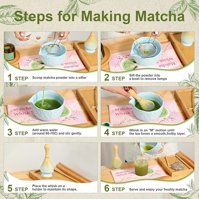 6pcs Matcha Whisk Set Includes Resin Matcha Whisk,Ceramic Matcha Bowl Set and Sifter,Matcha Whisks Holder,Natural Bamboo Spoon and Tea Towel for Matcha Starter Kit Lovers (Blue)