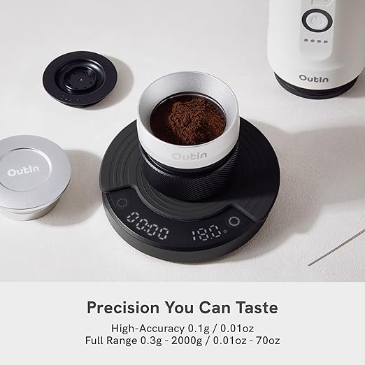 OutIn Claro Portable Coffee Scale, Espresso Scale 2kg/0.1g Accurate Measurement, Pour Over Coffee Scale Multiple Modes, Timer Function, Rechargeable, with Protective Bag