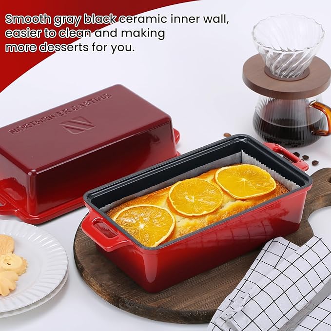 9x5 Inch Enameled Cast Iron Bread Loaf Pan with Lid, Perfect Sourdough Baking Pans | Even Heat Distribution for Homemade Bread, Cake, Meatloaf，2 Piece set，Red