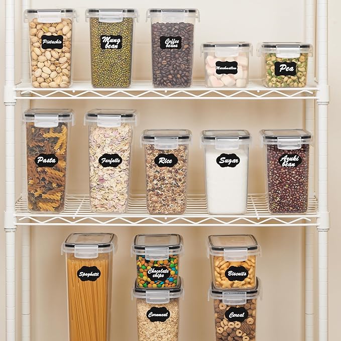 Vtopmart Airtight Food Storage Containers Set with Lids, 15pcs BPA Free Plastic Dry Food Canisters for Kitchen Pantry Organization and Storage, Dishwasher safe,Include 24 Labels, Black