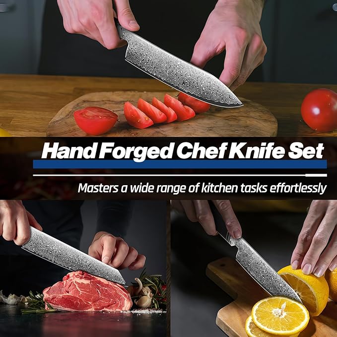 Huusk Damascus Kitchen Knife Set - 3 PCS Chef Knife Set Professional, Razor Sharp 67 Layers Damascus Japanese Knives Set for Kitchen with Wood Handle, Ideal Gift for Dad