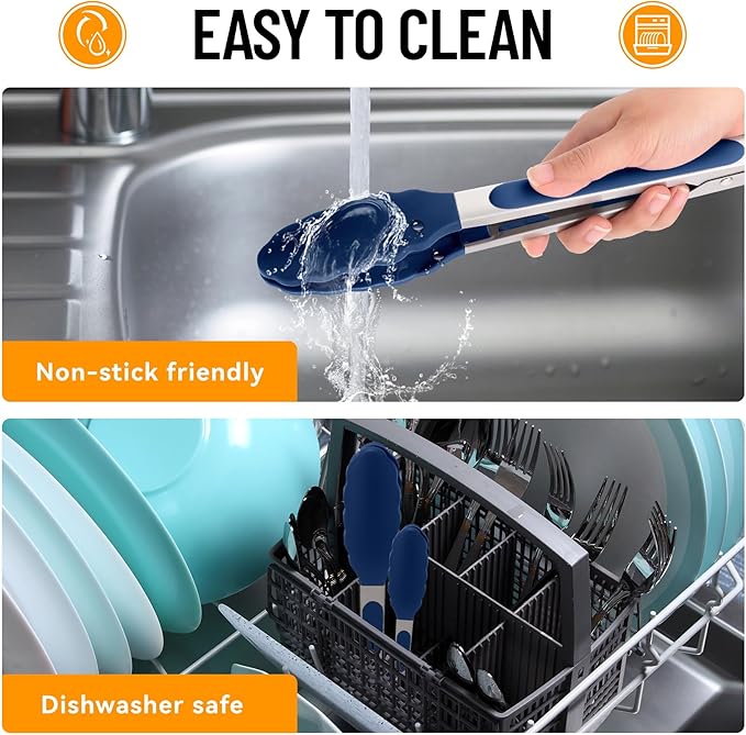 HOTEC Premium 7 & 9 Inch Kitchen Tongs, Stainless Steel Locking Cooking Tongs with Silicone Tips, Non-Scratch & Heat Resistant, Serving Tongs for Salad, BBQ, Classic Blue, Set of 2