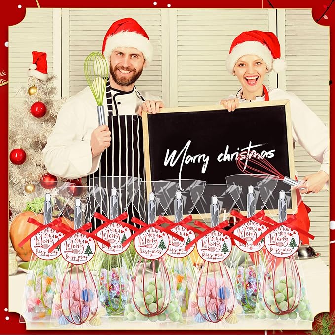 72 Sets 12 Inch Christmas Whisks Gifts DIY Fillable Christmas Tree Ornaments Xmas Colored Silicone Whisks for Cooking Heat Resistant Egg Beaters with Card Rope Bag for Candy Holder