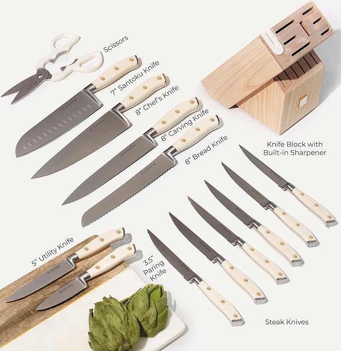 Styled Settings White Knife Set with Block and Sharpener – 14-Piece Ultra-Sharp High Carbon Stainless Steel Knives with Gold Triple Rivet White Handles and Ashwood Knife Block