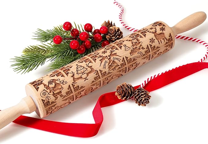 17" Premium Wooden Rolling Pins for Baking with Stamp Embossed Designs | 3mm Deep Springerle Cookie Molds | Christmas Rolling Pin & Baking Gifts for Women | Includes 3-in-1 Cleaning Brush