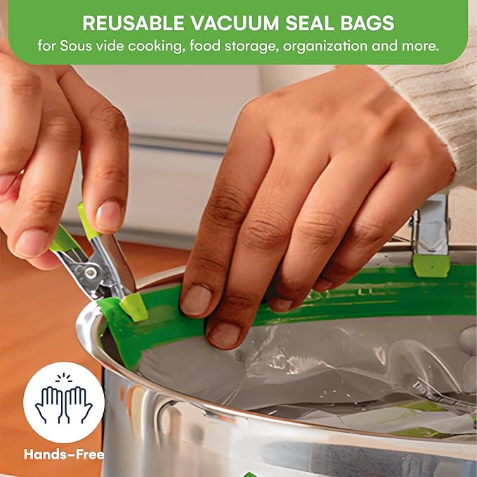 SOUSVIDE ART 37pcs Reusable Vacuum Seal Bags with Vacuum Sealer - 30 Cooking and Storage Bags of 3 Sizes with Pump and Sous Vide Cooker Accessories - Food Safe Kit, Keeps Food Fresh