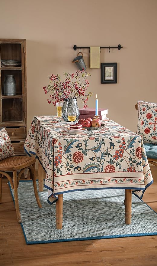 patdrea Designer Vintage Linen Long Tablecloth for Rectangle Table,French Soft Durable Floral Tablecloths,Colorful Table Cover for Kitchen Dining,Parties,Christmas,Thanksgiving,63"x102"-Puno