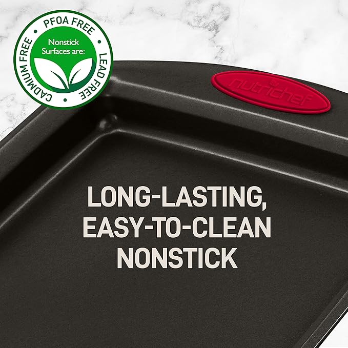 NutriChef 6-Piece Baking Pan Set - Carbon Steel Stackable Bakeware with Red Silicone Handles & Nonstick Coating, Includes Cookie Sheets, Roaster Pan with Lid, Loaf Pan, and 12 Cup Muffin Pan (Black)
