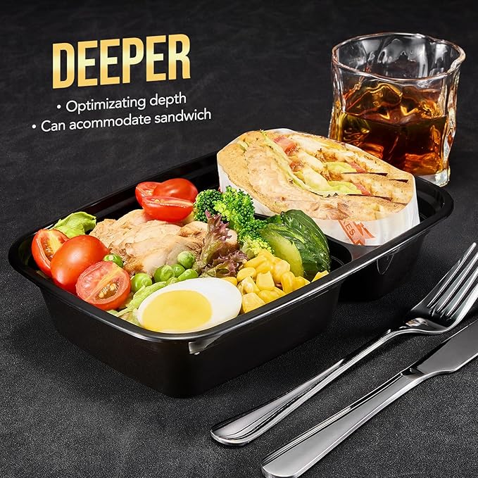 Glotoch Express 300 Pack 32oz Black 2 Compartment Square Meal Prep Containers, Food Storage Containers with Lids for Microwave Dishwasher Freezer Safe