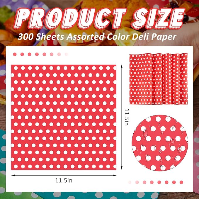 Fulmoon 300 Sheets Waxed Deli Paper Sheets for Food 12 x 12 Inch Polka Dot Dry Wax Paper Greaseproof Food Basket Liners Sandwich Wraps for Wrapping Bread Baking BBQ Picnic Party (Red)