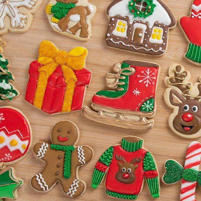 Flycalf Christmas Cookie Cutters Gingerbread Shapes with Plunger Stamps Holiday PLA Baking Accessories Cutter Molds Gifts Decorative Party 3.5" Kitchen Cake Supplies