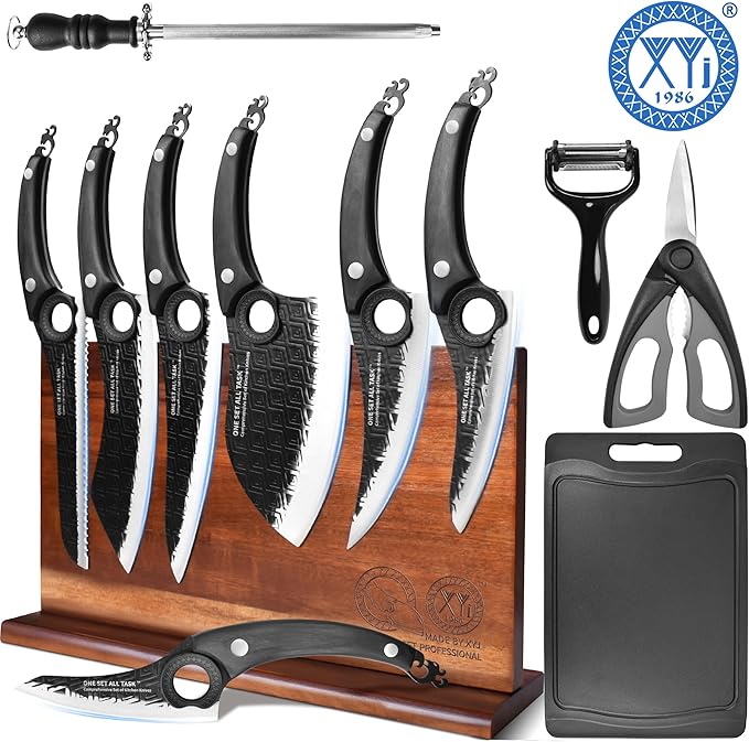 XYJ Authentic Since 1986,Kitchen Knife Block Set,High Carbon Steel Blades,Knives Set with Wooden Magnetic Knife Block,Sharpening Steel,Cutting Board,Cleaver Slicing Knife,Wood Handle