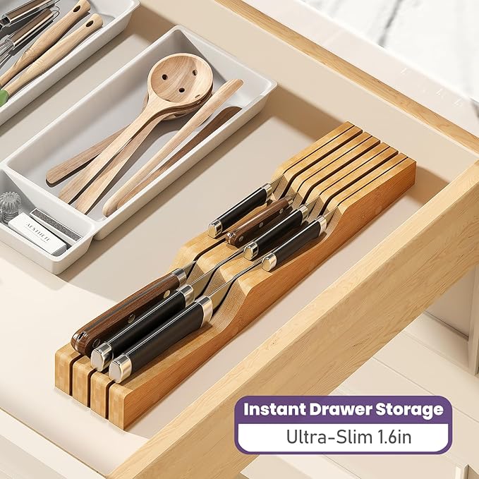 Bamboo In-Drawer Knife Block for 7 Knives(Not Included), Knife Drawer Organizer,Knife Holder Countertop,Block Knife Storage Organizer for Kitchen