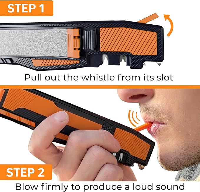 8-in-1 Pocket Knife Sharpener – Guided Diamond Whetstones, Diamond Rod, Leather Strop, 2 Sharpening Slots, Fire-Starter Ferro Rod & Whistle – Outdoor, Yard, Camping by Orange Ninja