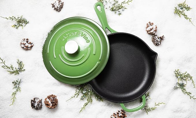 Larder & Vine 5-Piece Enameled Cast Iron Cookware Set - Includes 5.7 Quart Dutch Oven with Lid, 10.25 Inch Skillet, 2.2 Quart Saucepan with Lid (Okra)